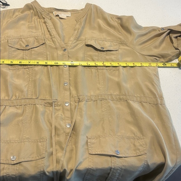 Michael Kors 100% Silk Khaki Shirt Dress Roll Tab Sleeves Size XL - Picture 12 of 13